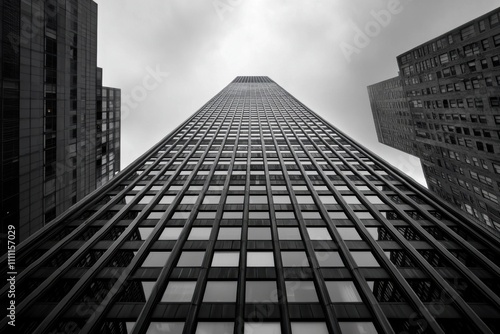 A tall building with many windows and a cloudy sky in the background