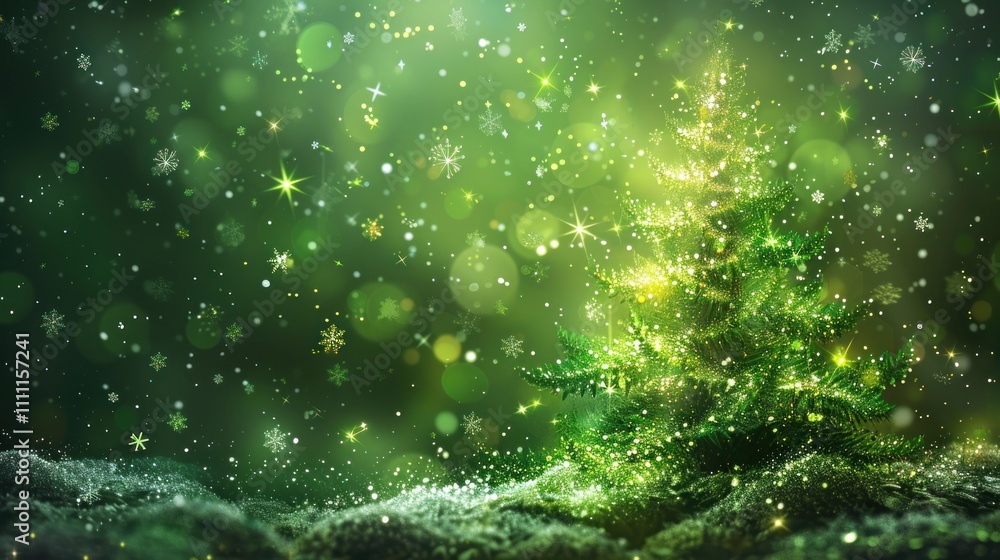 Magical glowing Christmas tree in snowy forest. Magical glowing Christmas tree in snowy forest.
