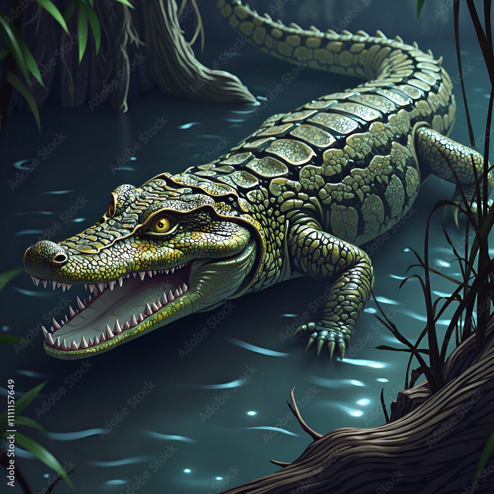 Fototapeta premium A lurking crocodile in the mysterious waters of a vibrant wetland, digital illustration of wildlife art concept.