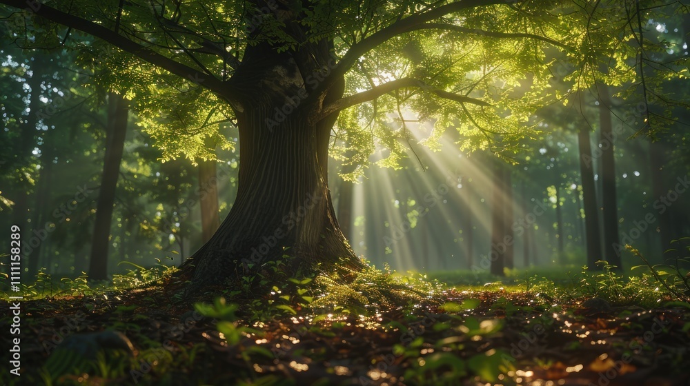 Sunbeams illuminate a majestic tree in a misty forest. Sunbeams illuminate a majestic tree in a misty forest.