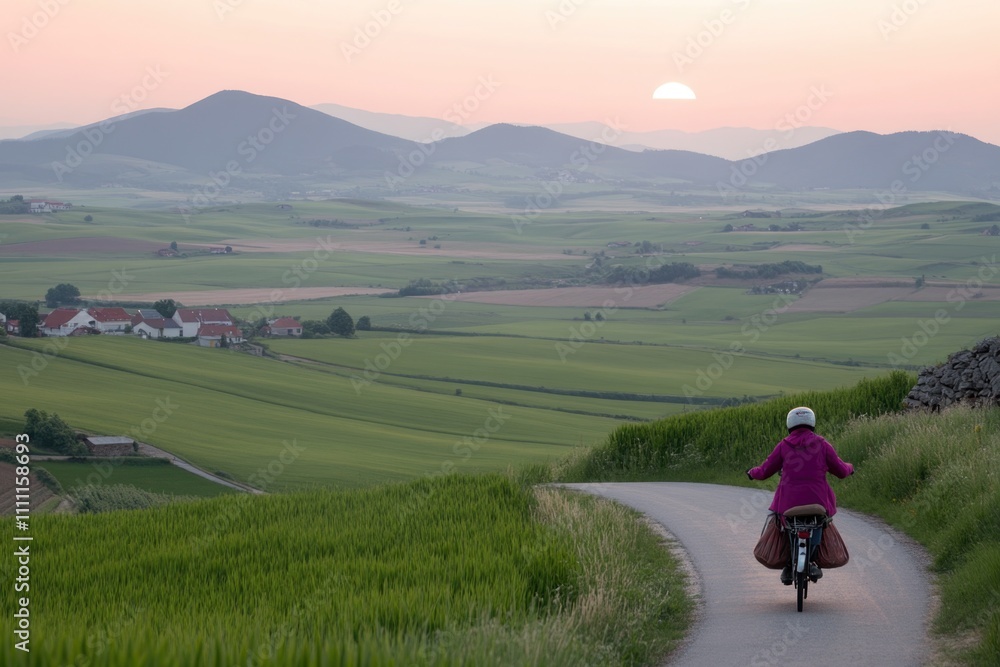 Fototapeta premium Woman cycling on scenic rural road at sunset amid rolling hills