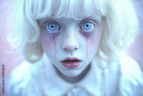 Young caucasian child with glittery tear makeup and blonde hair