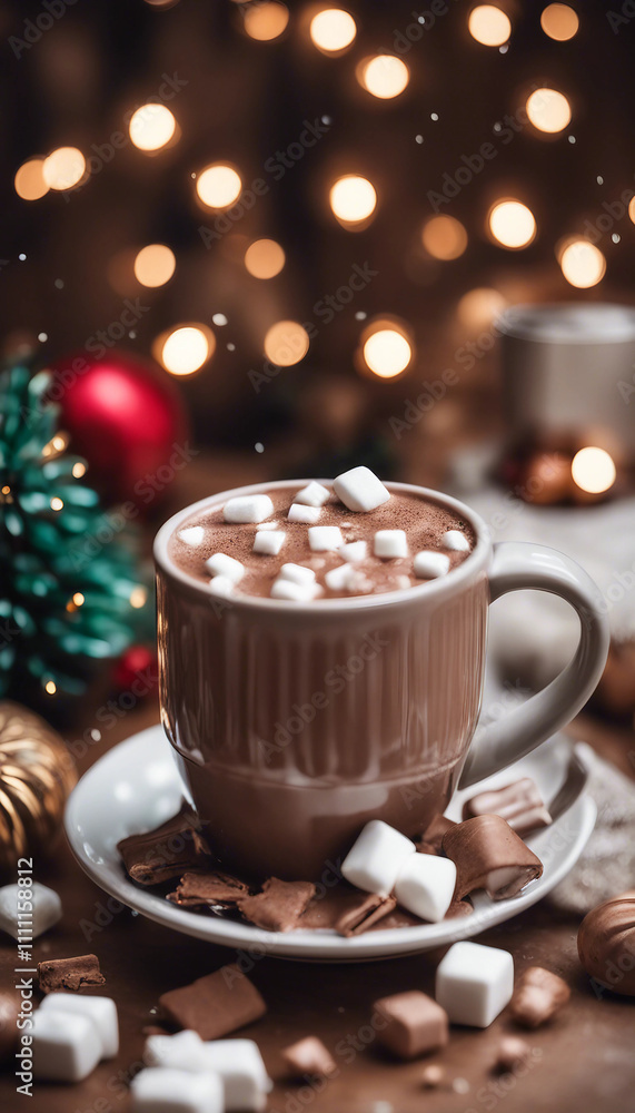 Cozy hot chocolate with marshmallows surrounded by festive decorations vertical Cozy hot chocolate with marshmallows surrounded by festive decorations vertical
