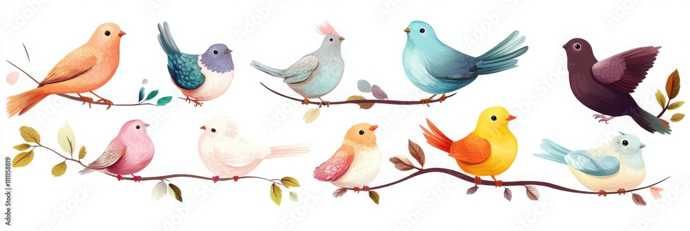Fototapeta premium Colorful set of cartoon birds - brown sparrows, blue parakeets, white doves, yellow titmouse and grey pigeons. Feathered characters couples in different poses and leafy branches with berries.