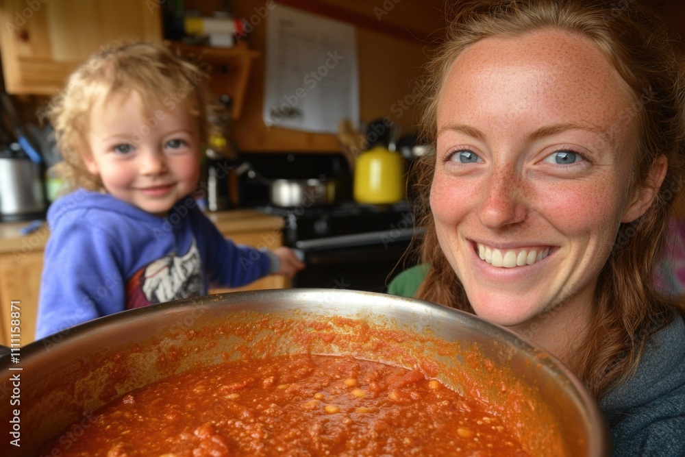 Smiling caucasian female adult and child cooking together in kitchen Smiling caucasian female adult and child cooking together in kitchen