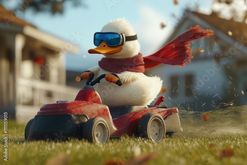 Suburban duck races on lawn mower in vivid sunlight photo