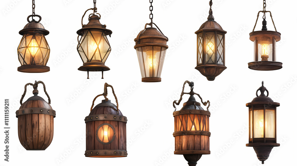 Set of rustic hanging lamps with wooden and metal elements, cut out in png format for transparent use. Rustic. Illustration Set of rustic hanging lamps with wooden and metal elements, cut out in png format for transparent use. Rustic. Illustration
