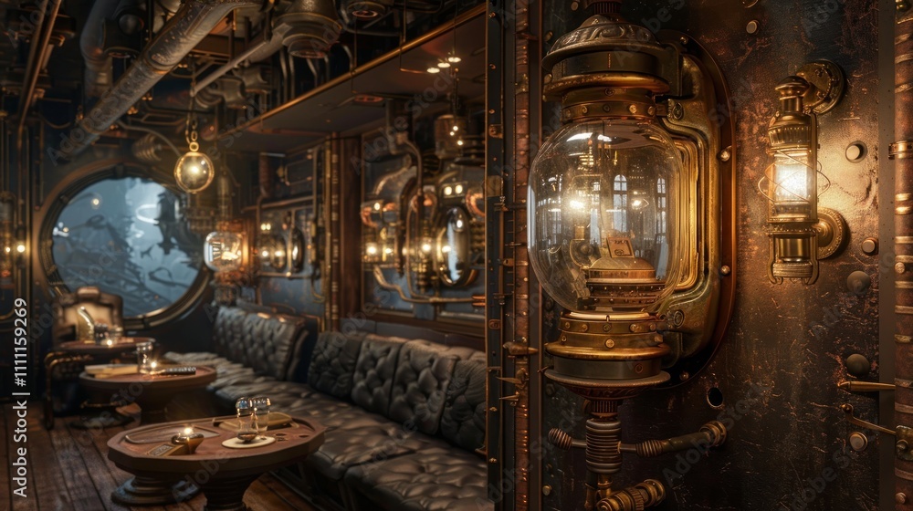 Obraz premium Steampunk-style interior of a luxurious train carriage with circular window, brass lamps, and leather seating.
