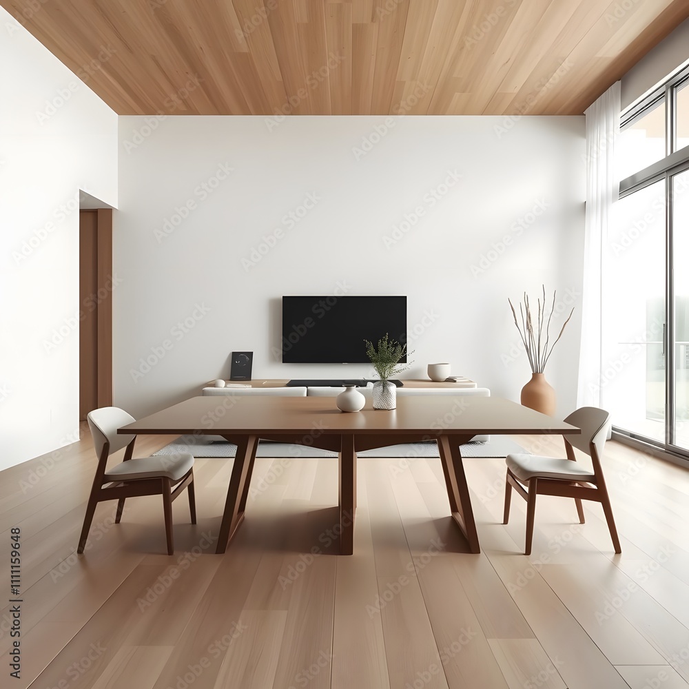 Minimalist Japandi-style modern living room with a dining table, characterized by simplicity, serenity, and elegance. Minimalist Japandi-style modern living room with a dining table, characterized by simplicity, serenity, and elegance.