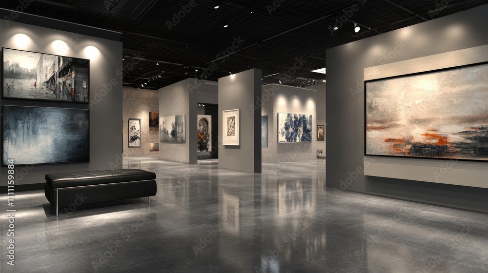 Modern art gallery, paintings, sleek floor, seating. Modern art gallery, paintings, sleek floor, seating.