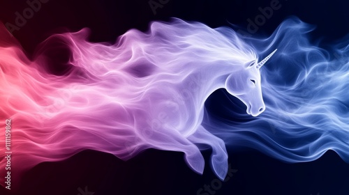 Ethereal unicorn in shades of pink and blue smoke, galloping majestically. A magical, mystical image.