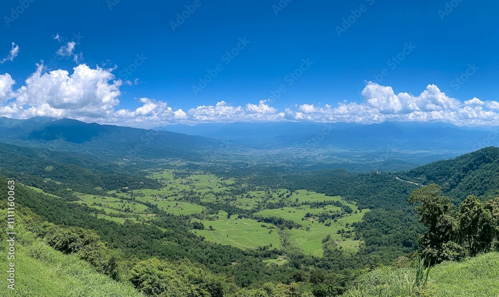 Obraz premium A panoramic view of a vast green valley with distant mountains under a clear blue sky and scattered clouds