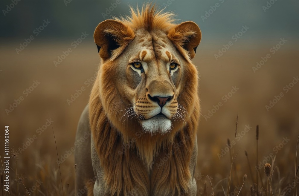 Wild big lion in nature stands in field of tall grass. King Leo looks straight Wild big lion in nature stands in field of tall grass. King Leo looks straight