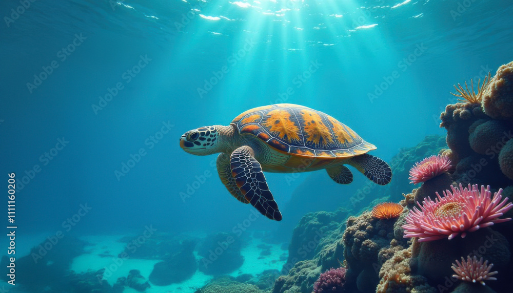Obraz premium Turtle is swimming in ocean, surrounded by pink flowers. Scene is calm and tranquil, with turtle moving gracefully through water. Pink flowers add pop of color to scene