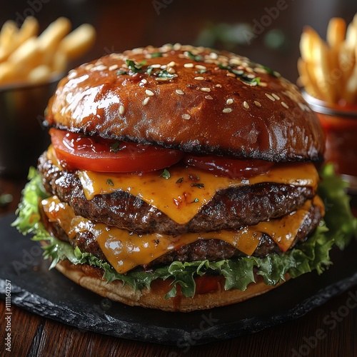 a juicy double cheeseburger with fries on the side, showcasing its juicy patty, melted cheddar, lettuce, tomato slices, and ketchup photo