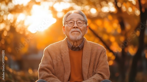 A joyful elderly man is captured smiling in a sunlit park, enjoying the outdoor ambiance and radiating positivity in the gentle glow of afternoon light.