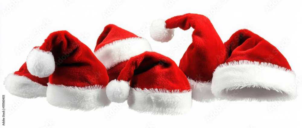 Set of isolated red Santa Claus hats. Collection of bright contrasting hats Set of isolated red Santa Claus hats. Collection of bright contrasting hats