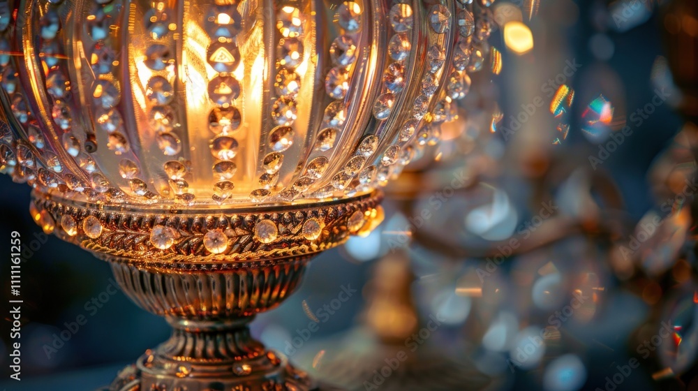 Obraz premium Illuminated crystal glass table lamp with ornate gold base.