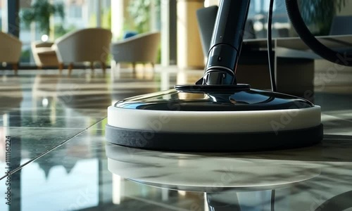 Floor Cleaning Machine Polishing Gleaming Tiles in Lobby
