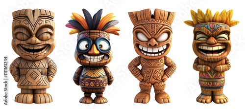 Pack Tiki wooden tribal mascot set against transparent background for tropical themes, cultural designs, or playful graphics photo