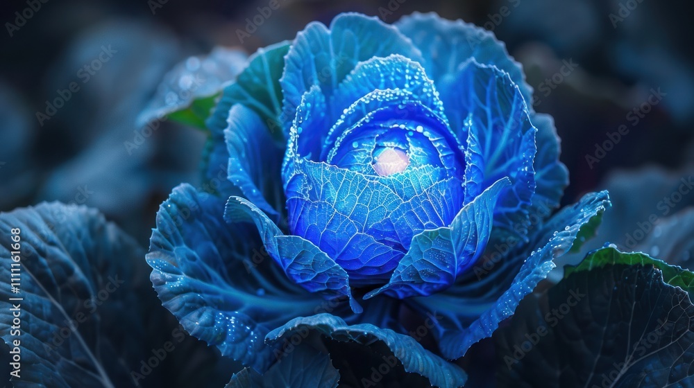 Obraz premium Vibrant blue ornamental cabbage with dew drops.