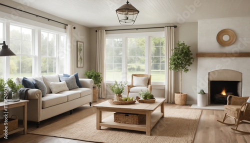 Farmhouse, country style home interior design of modern living room