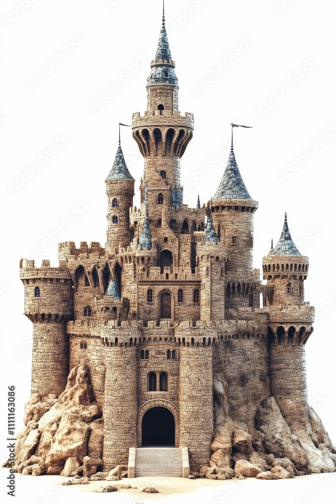 Stone castle, multiple towers, rocky base, isolated. Stone castle, multiple towers, rocky base, isolated.