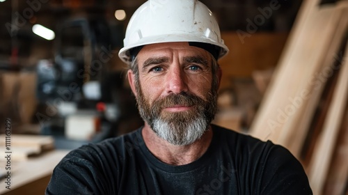 An experienced carpenter with a grey beard and white helmet stands confidently among wooden beams, capturing the essence of craftsmanship and expertise in carpentry.