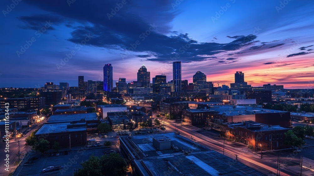 Fototapeta premium City skyline at twilight, colorful sunset.