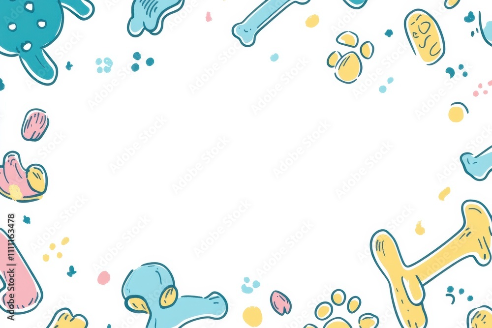 Obraz premium Bright and cheerful doodle banner decorated with dog toys, bones, and paw prints, offering a playful space for pet-related text or messages. Generative AI