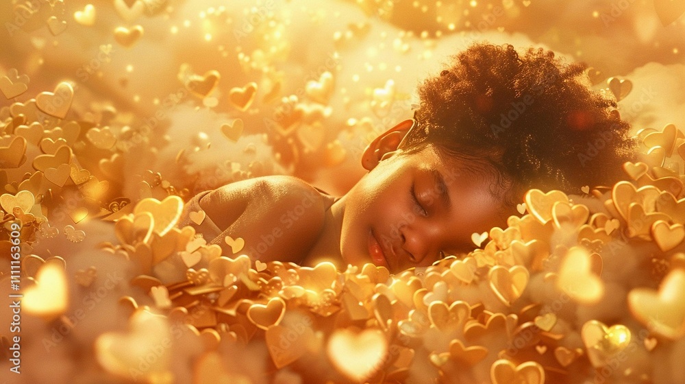 Fototapeta premium Valentine's Day postcard with the image of a young African angel girl sleeping in a cloud of golden hearts, as a greeting on the Feast of Love on February 14th