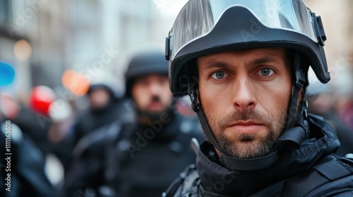 A close-up of a serious and focused officer wearing riot gear at an urban event, highlighting themes of authority, security, and the intensity of the moment.