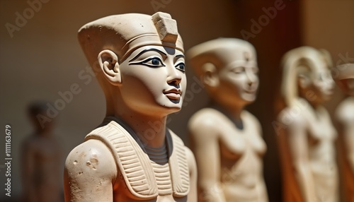 Ancient stone figurine of Egyptian Ushabti. Closeup view of detailed sculpture. Traditional art piece with symbolic meaning. Museum show. Ancient Egyptian art. Religious artifact. Representing photo