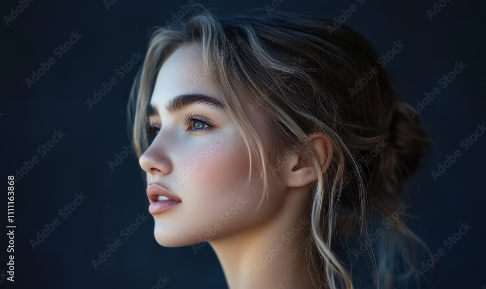 A side profile portrait of a young woman with flawless skin, gazing confidently into the distance against a dark background, highlighting her serene and elegant features A side profile portrait of a young woman with flawless skin, gazing confidently into the distance against a dark background, highlighting her serene and elegant features