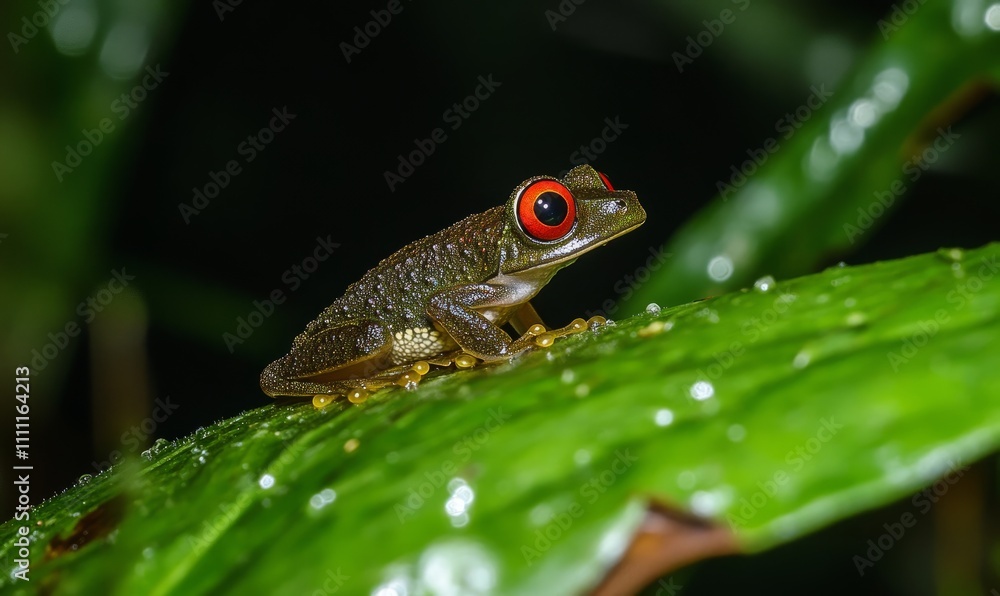 Obraz premium A small, vibrant frog with bright red eyes perches on a lush green leaf in the rainforest