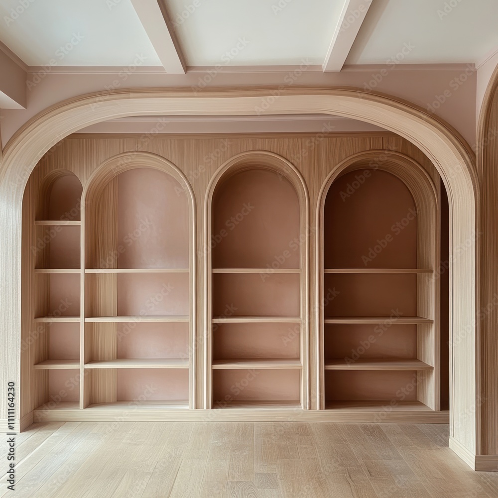 Elegant built-in arched wooden shelving unit in a blush pink room. Elegant built-in arched wooden shelving unit in a blush pink room.