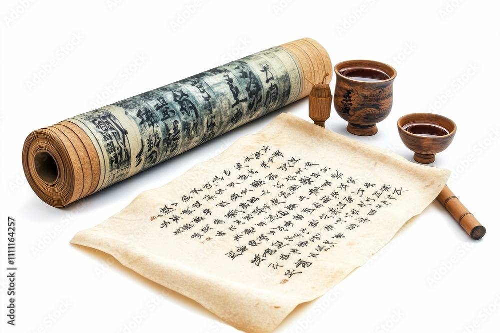 Ancient scroll, writing, teacups, brush, isolated background. Ancient scroll, writing, teacups, brush, isolated background.