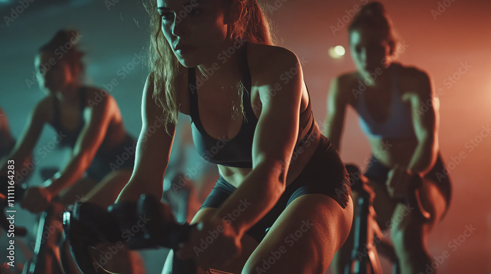 A group of people performing a high-intensity cycling workout, focusing on endurance and cardiovascular health in a fitness studio.A group of people performing a high-intensity cycling workout, focusi A group of people performing a high-intensity cycling workout, focusing on endurance and cardiovascular health in a fitness studio.A group of people performing a high-intensity cycling workout, focusi