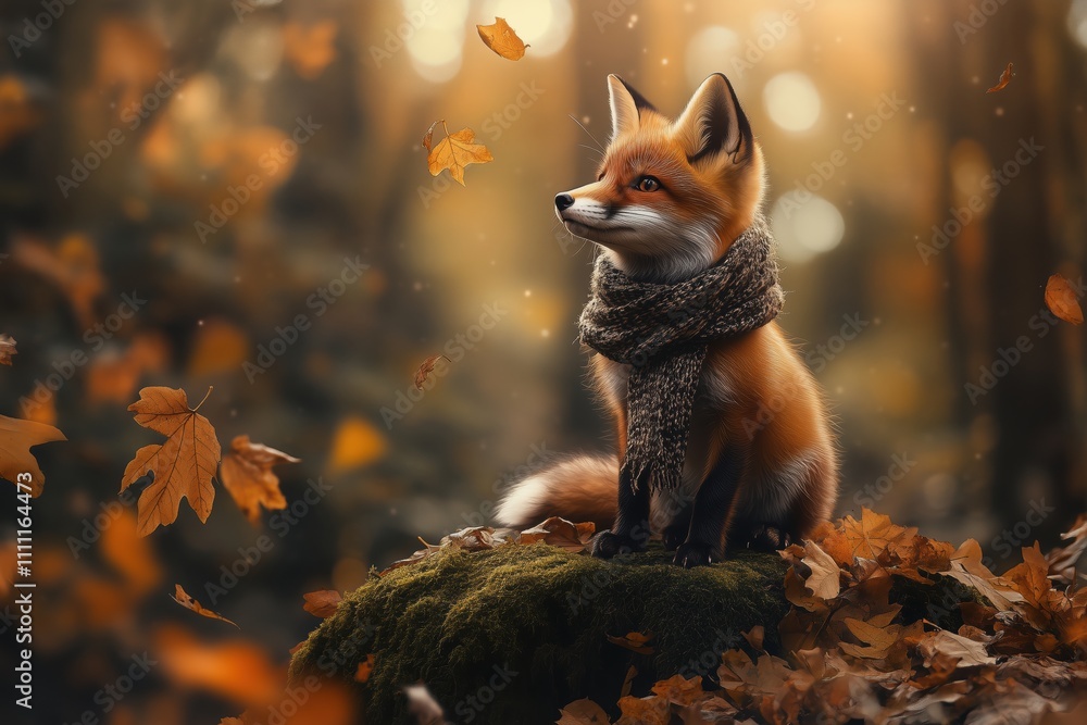 Fox cub with scarf surrounded by golden autumn leaves Fox cub with scarf surrounded by golden autumn leaves