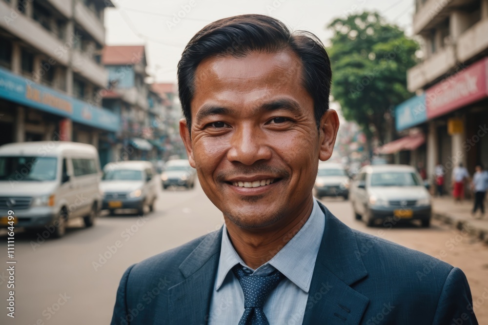 Close portrait of a smiling 40s Cambodian businessman looking at the camera, Cambodian big city outdoors blurred background Close portrait of a smiling 40s Cambodian businessman looking at the camera, Cambodian big city outdoors blurred background