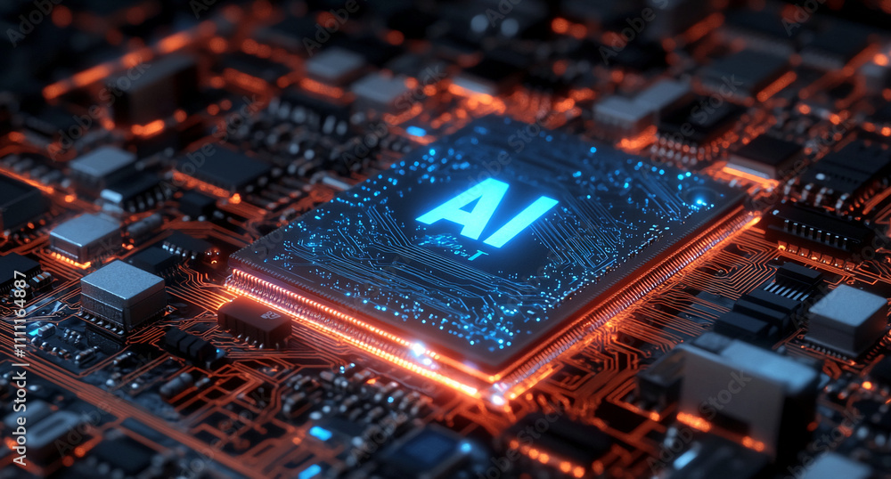 Advanced AI chip surrounded by intricate circuit board patterns with glowing details in a modern technology setting Advanced AI chip surrounded by intricate circuit board patterns with glowing details in a modern technology setting