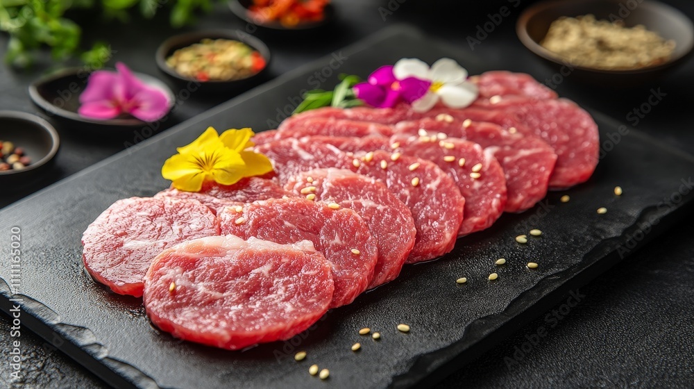 Slices of raw meat arranged artistically with flowers and spices on a black slate platter. Slices of raw meat arranged artistically with flowers and spices on a black slate platter.