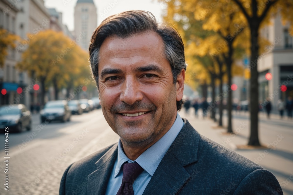 Close portrait of a smiling 40s Chilean businessman looking at the camera, Chilean big city outdoors blurred background Close portrait of a smiling 40s Chilean businessman looking at the camera, Chilean big city outdoors blurred background