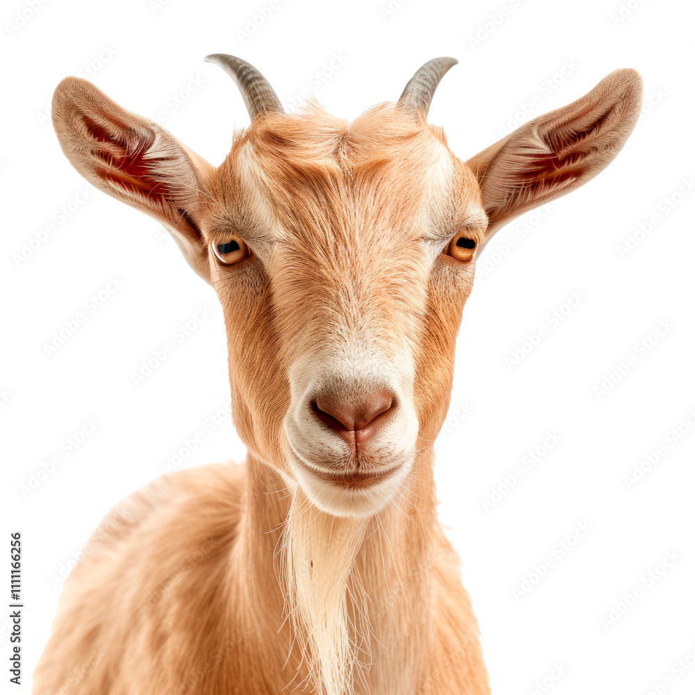 Fototapeta premium Close-up headshot of a tan goat with a thoughtful expression, isolated on a transparent background. PNG element.