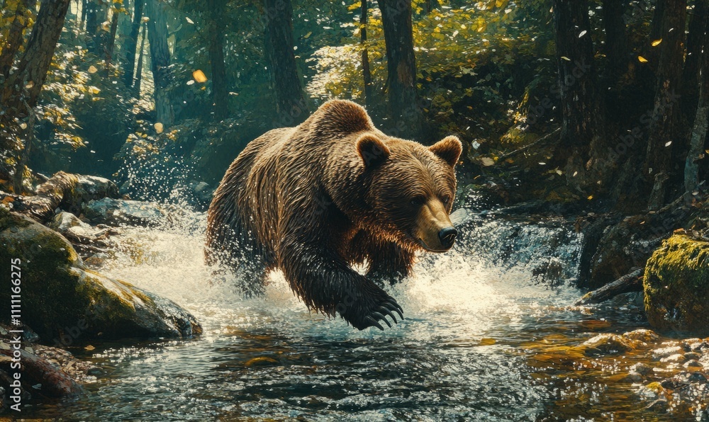 A strong bear strides through a shallow stream, water splashing up as it moves powerfully through the forest A strong bear strides through a shallow stream, water splashing up as it moves powerfully through the forest
