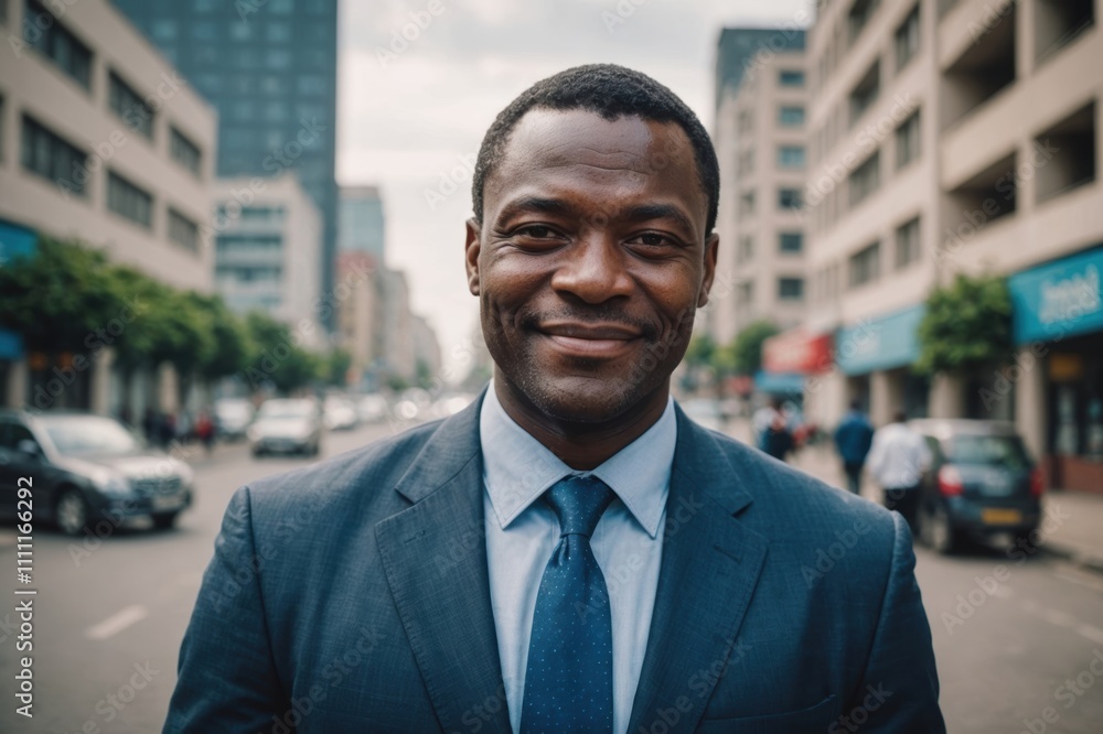Fototapeta premium Close portrait of a smiling 40s Congolese businessman looking at the camera, Congolese big city outdoors blurred background