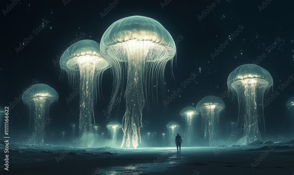 A surreal and otherworldly landscape featuring giant glowing jellyfish-like structures illuminating the dark environment A surreal and otherworldly landscape featuring giant glowing jellyfish-like structures illuminating the dark environment