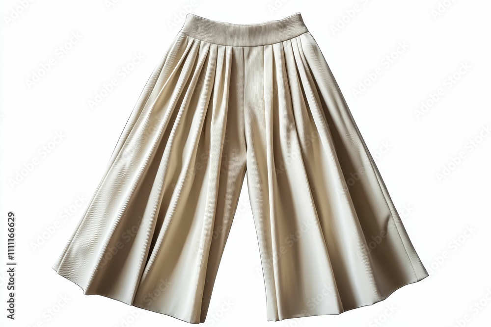 Beige pleated culottes, wide-leg, stylish drape. Beige pleated culottes, wide-leg, stylish drape.