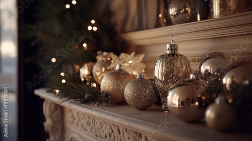 Elegant Gold Christmas Ornaments and Decorations on a Festive Mantel with Warm Candlelight and Sparkling String Lights for Cheerful Holiday Atmosphere