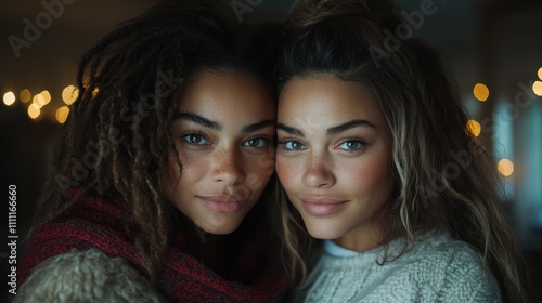 Two sisters embrace closely with joyous expressions, framed by a cozy and festive ambiance, highlighting the warmth and joy shared between siblings. photo